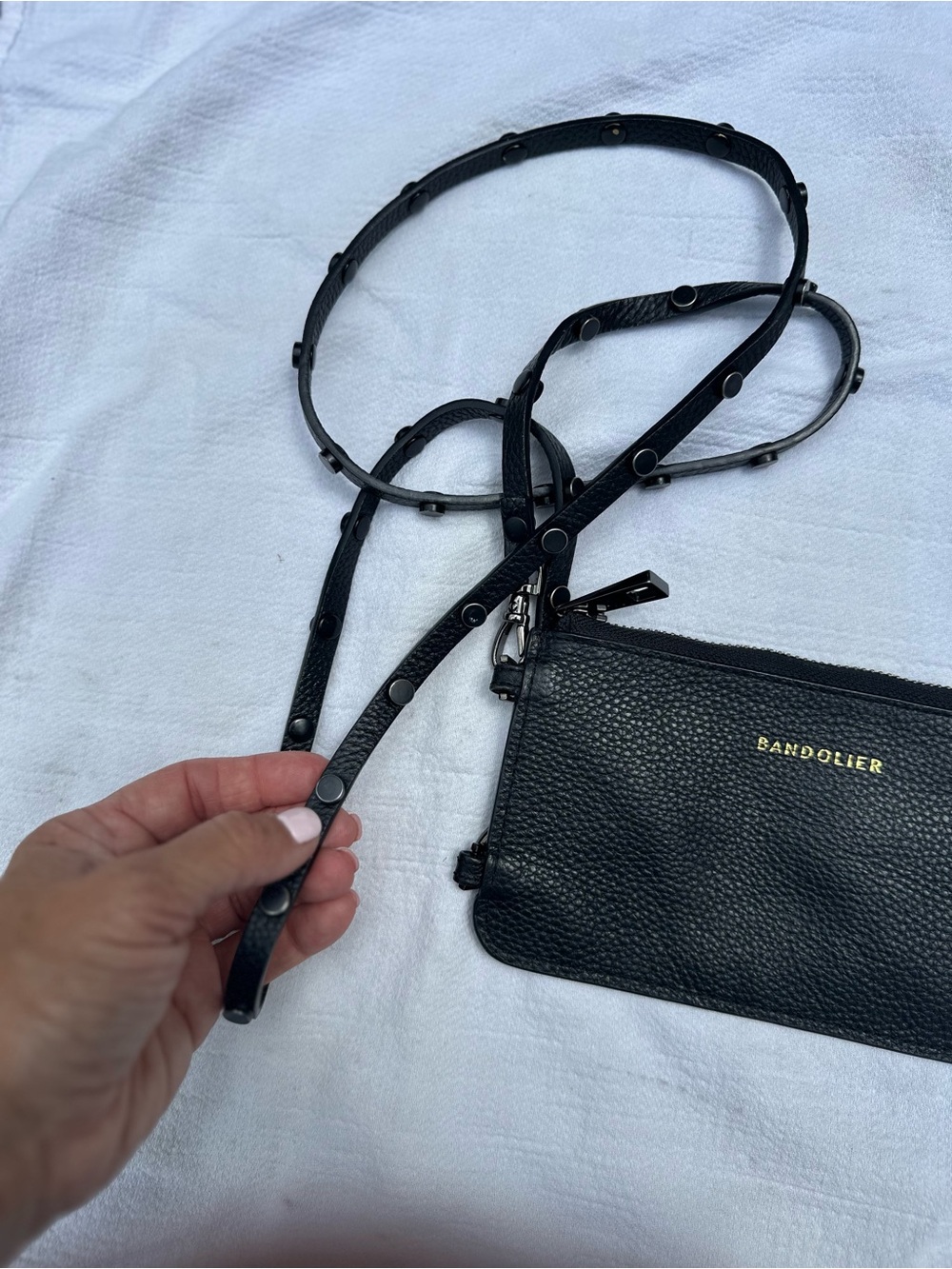 Bandolier Black Leather office pouch with Gold Logo cool
Metal studded strap - Picture 3 of 5